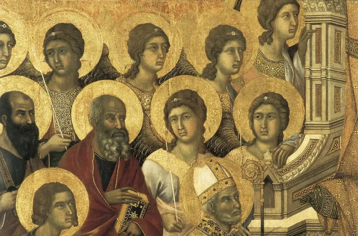 Framed Print : DUCCIO di BUONINSEGNA (1255-1318). Maest (Madonna with Angels and Saints) ). 1308-1311. Left detail with representation of saints. Renaissance art. Trecento. Sienese school Framed Print : DUCCIO di BUONINSEGNA (1255-1318). Maest (Madonna with Angels and Saints) ). 1308-1311. Left detail with representation of saints. Renaissance art. Trecento. Sienese school