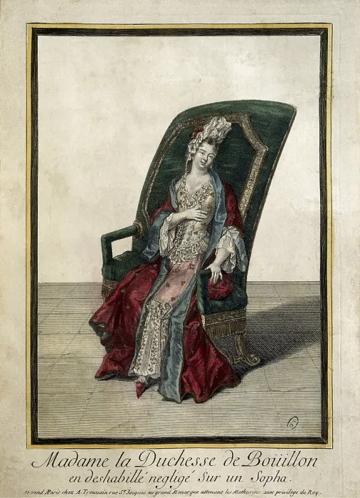 Framed Print : The Duchess of Bouillon posing as 'deshabille neglige' (carelessly naked) on a sofa. 17th century. Engraving Framed Print : The Duchess of Bouillon posing as 'deshabille neglige' (carelessly naked) on a sofa. 17th century. Engraving