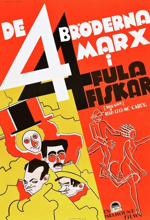 Framed Print : DUCK SOUP, left from top: Harpo Marx, Groucho Marx, Zeppo Marx, Chico Marx on Swedish poster art, 1933