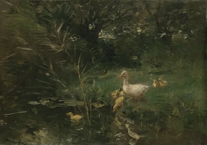 Framed Print : Ducklings, by Willem Maris, c. 1880-1907, Dutch painting, oil on panel. A white duck with her ??ducklings in a waterfront landscape. (BSLOC_2016_1_299) Framed Print : Ducklings, by Willem Maris, c. 1880-1907, Dutch painting, oil on panel. A white duck with her ??ducklings in a waterfront landscape. (BSLOC_2016_1_299)