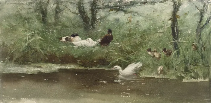 Framed Print : Ducks in the Ditch, by Willem Maris, c. 1880-1900, Dutch painting, watercolor on paper (BSLOC_2016_3_283)