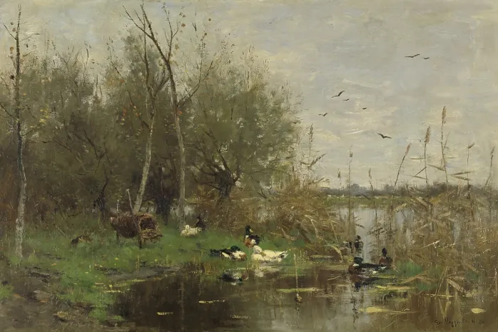 Framed Print : Ducks Beside a Duck Shelter on a Ditch, by Geo Poggenbeek, 1884, Dutch painting, oil on canvas. Eggs laid in the man-made basket would be gathered for eating by local farmers