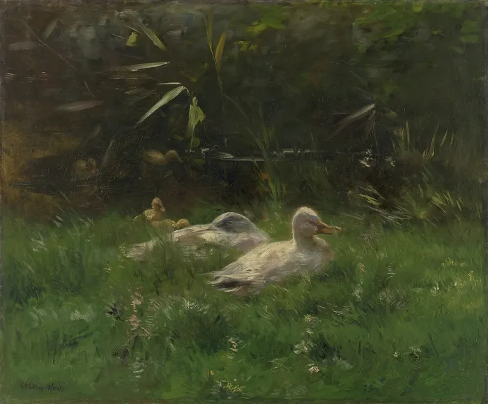 Framed Print : Ducks, by Willem Maris, c. 1880-1904, Dutch painting, oil on canvas. Two ducks and a few chicks in the grass near the waterfront. (BSLOC_2016_1_307)