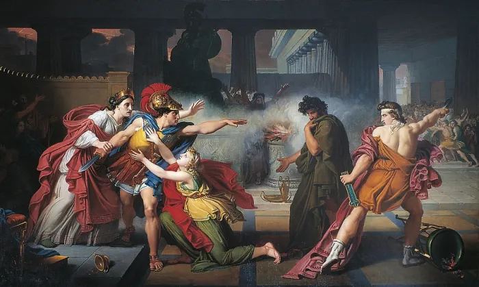Framed Print : The Duel between Eteocles and Polynices, by Giovanni Silvagni, 1820, 19th Century, oil on canvas - Italy, Lazio, Rome, Gallery of the National Academy of Saint Lucas