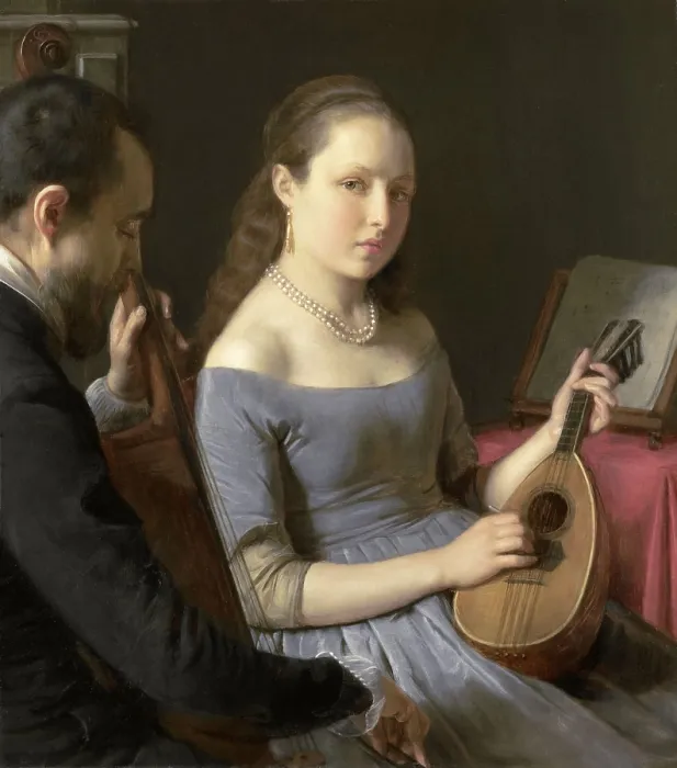 Framed Print : The Duet, by Charles van Beveren, 1830-50, Dutch painting, oil on panel. A young woman plays a lute with a man on a cello (BSLOC_2016_2_91) Framed Print : The Duet, by Charles van Beveren, 1830-50, Dutch painting, oil on panel. A young woman plays a lute with a man on a cello (BSLOC_2016_2_91)