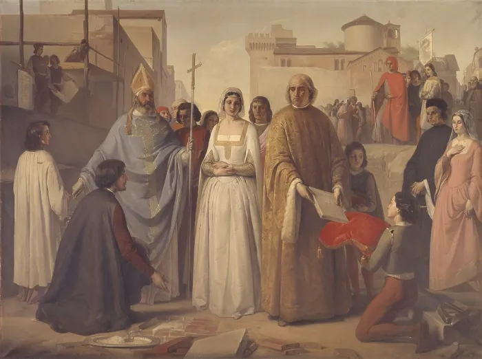 Framed Print : Duke Francesco Sforza lays the Foundation Stone, by Ishmael Teglio Milla, 1853, 19th Century, oil on canvas. - Italy, Lombardy, Milan, Brera Academy of Fine Arts