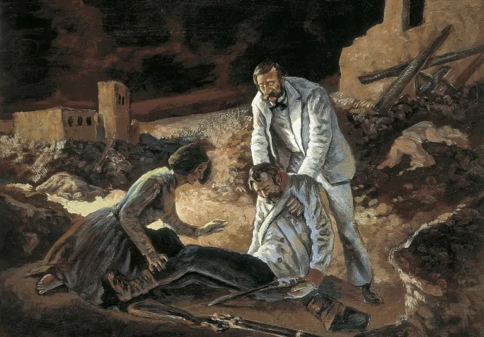 Framed Print : DUNANT, Henri (1845-1923). Henri Dunant helping a warwounded at the Battle of Solferino, which took place on the 24th June 1859. Oil on canvas Framed Print : DUNANT, Henri (1845-1923). Henri Dunant helping a warwounded at the Battle of Solferino, which took place on the 24th June 1859. Oil on canvas