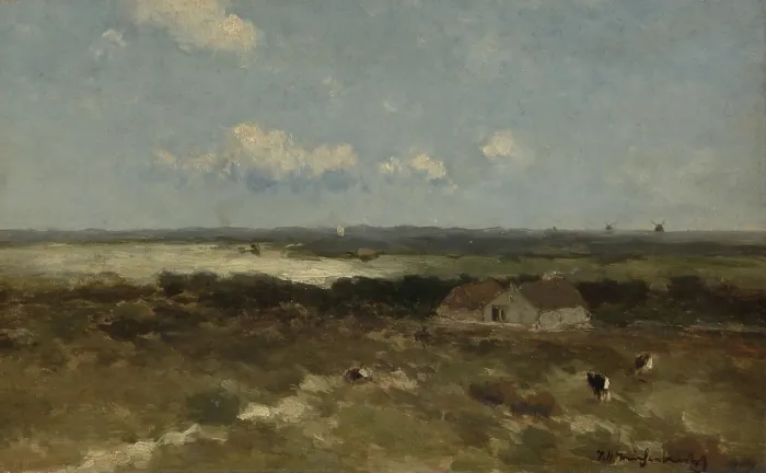 Framed Print : Dune landscape, Johan Hendrik Weissenbruch, 1870-96, Dutch painting, oil on panel. Coastal farm house and cattle with windmills in the distance. (BSLOC_2016_1_218) Framed Print : Dune landscape, Johan Hendrik Weissenbruch, 1870-96, Dutch painting, oil on panel. Coastal farm house and cattle with windmills in the distance. (BSLOC_2016_1_218)