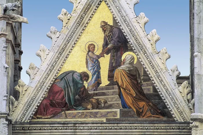 Framed Print : Duomo di Siena. 1150-1380. ITALY. TUSCANY. Siena. Cathedral. Mosaic of the faade depicting the Presentation of the Virgin in the Temple. Gothic art. Mosaic