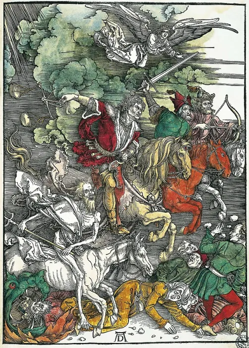 Framed Print : DURER, Albrecht (1471-1528). Apocalypse of St. John. 1496-1498. Foiur Horsemen of the Apocalypse: Pestilence, War, Famine and Death. Xylography. ITALY. Venice Framed Print : DURER, Albrecht (1471-1528). Apocalypse of St. John. 1496-1498. Foiur Horsemen of the Apocalypse: Pestilence, War, Famine and Death. Xylography. ITALY. Venice