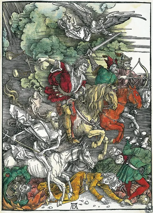 Framed Print : DURER, Albrecht (1471-1528). Apocalypse of St. John. 1496-1498. Foiur Horsemen of the Apocalypse: Pestilence, War, Famine and Death. Xylography. ITALY. Venice