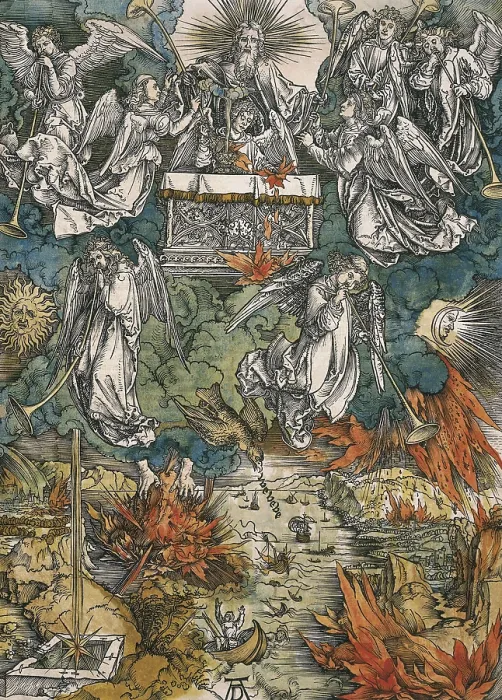 Framed Print : DURER, Albrecht (1471-1528). Apocalypse of St. John. 1496-1498. Angels announce the End of the World blowing theri trumpets. Flemish art. Xylography. ITALY. Venice Framed Print : DURER, Albrecht (1471-1528). Apocalypse of St. John. 1496-1498. Angels announce the End of the World blowing theri trumpets. Flemish art. Xylography. ITALY. Venice