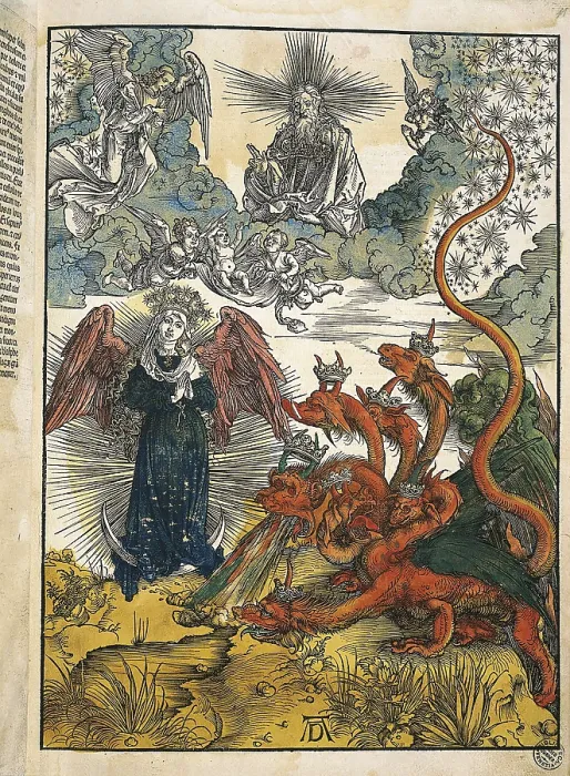 Framed Print : DURER, Albrecht (1471-1528). Apocalypse of St. John. 1496-1498. The Virgin stops the monster with seven heads. Flemish art. Xylography. ITALY. Venice. Correr Museum Library