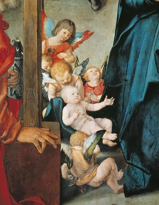 Framed Print : DURER, Albrecht (1471-1528). Paumgartner Altarpiece. ca. 1500. Central detail from central panel: representation of Christ Child surrounded by angels. Scene of the Nativity Framed Print : DURER, Albrecht (1471-1528). Paumgartner Altarpiece. ca. 1500. Central detail from central panel: representation of Christ Child surrounded by angels. Scene of the Nativity