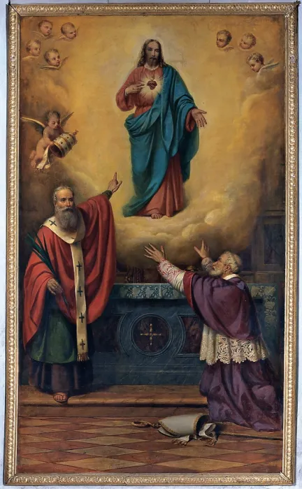 Framed Print : Dusi Bartolomeo, Sacred Heart of Jesus with St Marcel and Blessed Juvenal Ancina, 1892, 19th Century, canvas, Italy, Veneto, Vicenza, San Filippo Neri Church