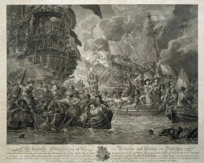 Framed Print : Dutch Attack on the Medway, June 1667. The Dutch fleet captures the flagship HMS Royal Charles. Engraving. ITALY. Genoa. Pegli. Navy Museum Framed Print : Dutch Attack on the Medway, June 1667. The Dutch fleet captures the flagship HMS Royal Charles. Engraving. ITALY. Genoa. Pegli. Navy Museum