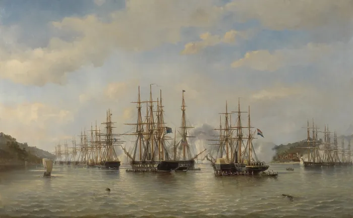 Framed Print : Dutch, English, French and American Squadrons in Japanese Waters during the Expedition, Sept. 1864, by Jacob van Heemskerck, 1864, Dutch painting, oil on canvas