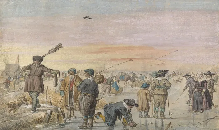 Framed Print : Dutch Ice Scene with Hunter Displaying an Otter to Two Fishermen, by Hendrick Avercamp, 1594-1634. Dutch painting, watercolor on paper Framed Print : Dutch Ice Scene with Hunter Displaying an Otter to Two Fishermen, by Hendrick Avercamp, 1594-1634. Dutch painting, watercolor on paper