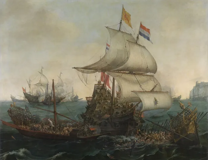 Framed Print : Dutch Ships Ramming Spanish Galleys off the English Coast, October 3, 1602, by Hendrik Vroom and Cornelis Vroom, 1617, Dutch painting, oil on canvas