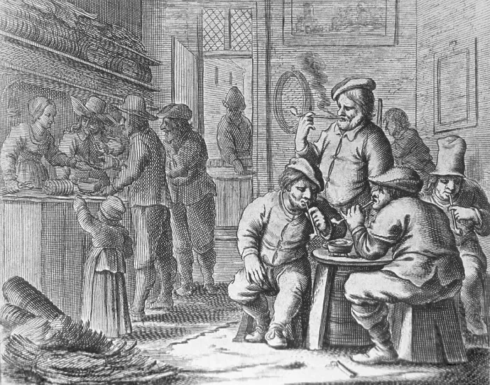 Framed Print : Dutch tobacco shop. Four men are gathered around a table smoking long-stemmed pipes; at left, two men with a child purchase tobacco at the shop counter