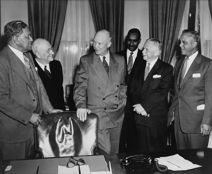 Framed Print : Dwight D. Eisenhower, meeting with NAACP leaders ca. 1954. Left to right: Channing Tobias, Arthur Spingarn, Pres