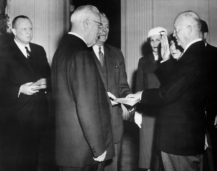 Framed Print : Dwight Eisenhower taking oath of office in a private ceremony in the East Room of the White House. The ceremony was held on Sunday, Jan Framed Print : Dwight Eisenhower taking oath of office in a private ceremony in the East Room of the White House. The ceremony was held on Sunday, Jan
