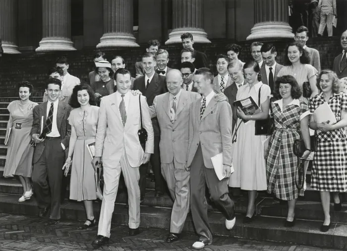 Framed Print : Dwight Eisenhower walking down the steps of Low Memorial Library with a group of foreign students Framed Print : Dwight Eisenhower walking down the steps of Low Memorial Library with a group of foreign students