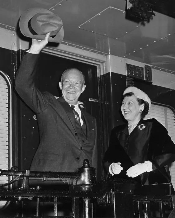 Framed Print : Dwight and Mamie Eisenhower waving from the 1956 campaign train. - (BSLOC_2014_16_78)