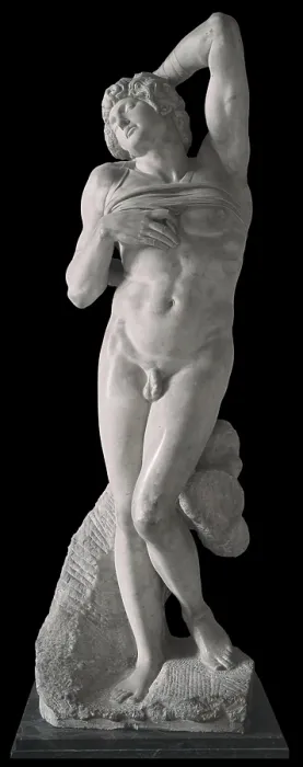 Framed Print : Dying Slave, by Michelangelo Buonarroti, 1513 - 1516, 16th Century, marble sculpture - France, Paris, Louvre Museum. Whole artwork view. Naked male standing