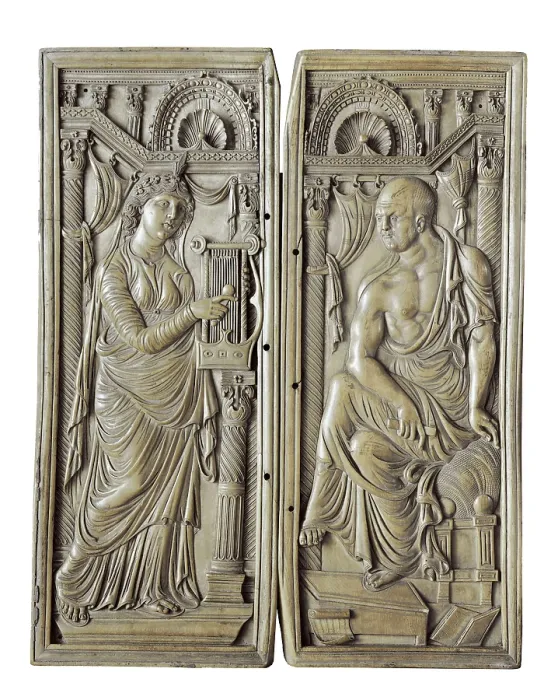 Framed Print : Dyptich of the Poet and the Muse. 6th c. Lombardian art. Ostrogothic or Lombardian art. Sculpture on ivory. ITALY. Monza. Cathedral Treasure
