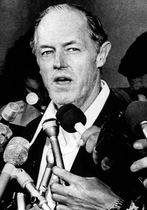 Framed Print : E. Howard Hunt at press conference after being freed from jail for his part in break-in at the Democratic National Headquarters. Washington, DC, January 2, 1974
