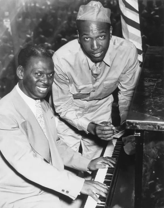 Framed Print : Earl Father (Fatha) Hines, with Pvt. Charles Carpenter, former manager of the Hines orchestra. Camp Lee, Virginia, during World War 2. (BSLOC_2013-12_142)