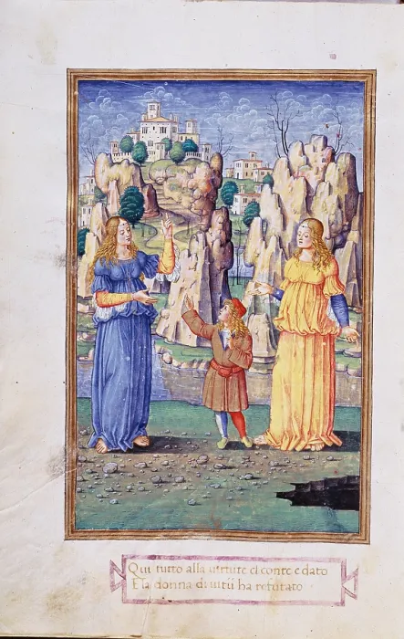 Framed Print : Earl Massimiliano between Vice and Virtue, unknown artist related to Cristoforo de Predis 15th Century, miniature - Italy, Lombardy, Milan, Castello Sforzesco