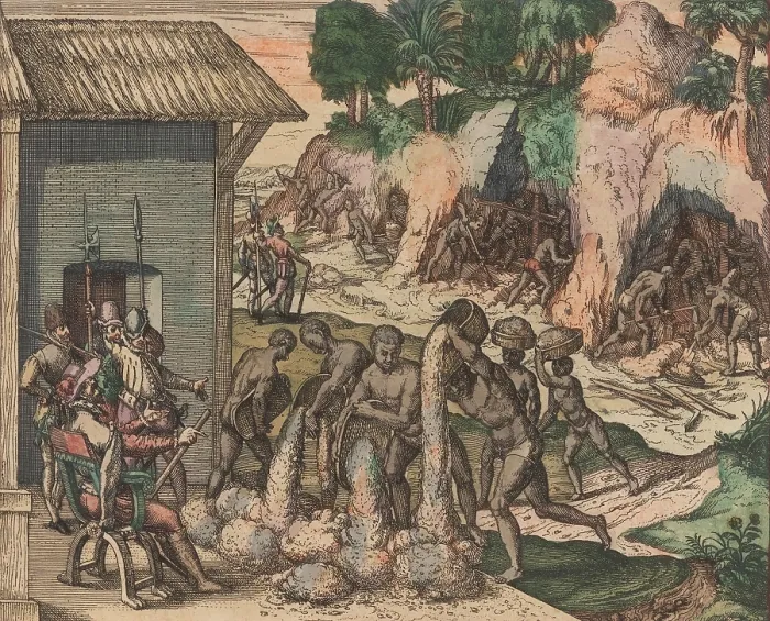 Framed Print : In one of the earliest depictions of African Slavery in the New World, in which African slaves pour ore in front of European soldiers. In the background, slaves work in the mines