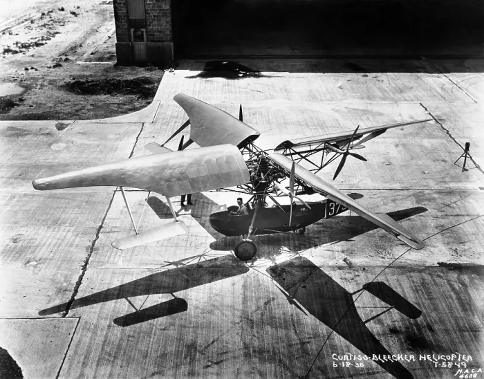 Framed Print : Early helicopter. Curtiss Bleaker Helicopter at Langley Air Force Base in June 1930. It has massive wing-like rotors attached to a light plane body