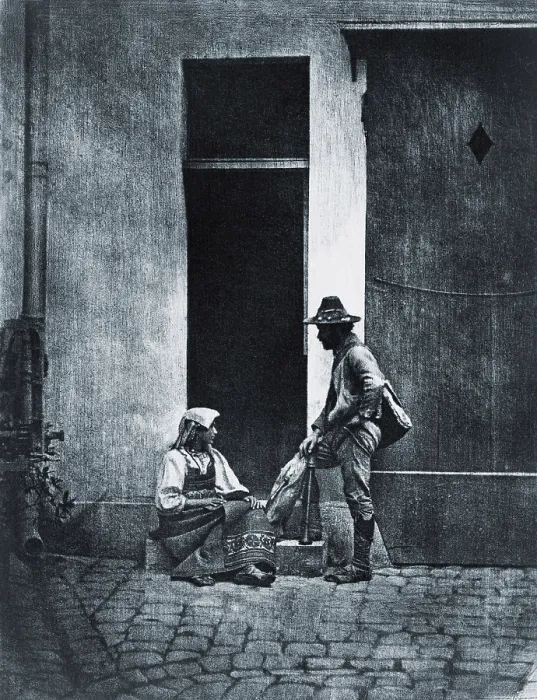 Framed Print : Early heliogravure photo by Frenchman Charles Negre, of a fife player talking to Italian peasant women, seated in courtyard in Paris. Ca. 1855