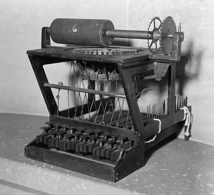 Framed Print : Early model of a Scoles and Glidden typewriter, with 18 keys. Ca. 1870