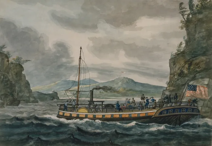 Framed Print : Early passenger steamboat travel on the Hudson River, 1811-1813. Watercolor by Pavel Petrovich Svinin (BSLOC_2019_7_112)