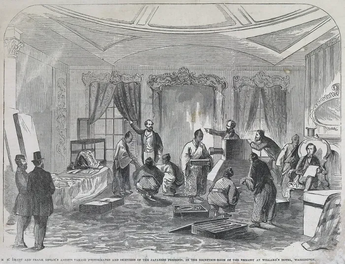 Framed Print : Early photojournalism in 1860. Mathew Brady (1823-1896) photographs, while artists sketch Japanese diplomats at Willard's Hotel, Washington, DC Framed Print : Early photojournalism in 1860. Mathew Brady (1823-1896) photographs, while artists sketch Japanese diplomats at Willard's Hotel, Washington, DC