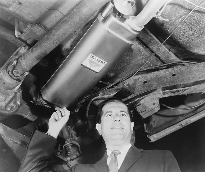 Framed Print : An early predecessor of emission control devices for cars is introduced by Harold Lipchik of American Machine and Foundry Company in 1964 Framed Print : An early predecessor of emission control devices for cars is introduced by Harold Lipchik of American Machine and Foundry Company in 1964