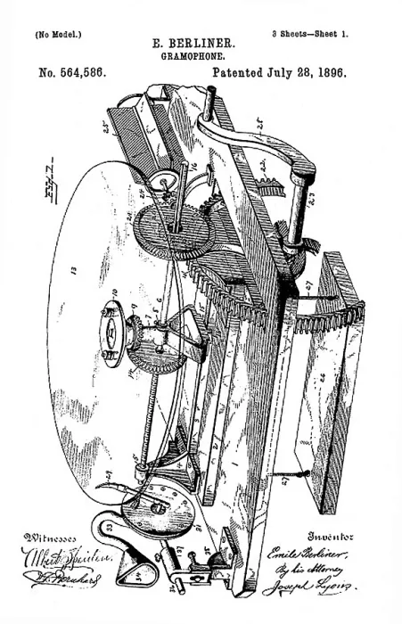 Framed Print : Early recording device: The Berliner gramophone detail patent, 1896 Framed Print : Early recording device: The Berliner gramophone detail patent, 1896