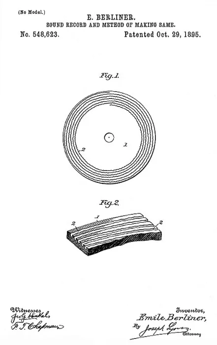 Framed Print : Early recording device: The Berliner gramophone detail of record grooves, patent, 1895 Framed Print : Early recording device: The Berliner gramophone detail of record grooves, patent, 1895