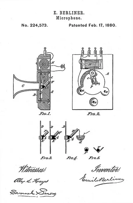 Framed Print : Early recording device: The Berliner microphone patent, 1880