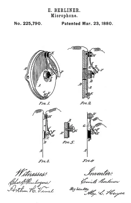 Framed Print : Early recording device: The Berliner microphone patent, 1880