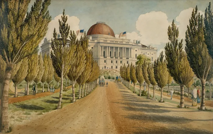 Framed Print : Early view of the west façade of United States Capitol, painted by British born American artist Charles W. Burton in 1824