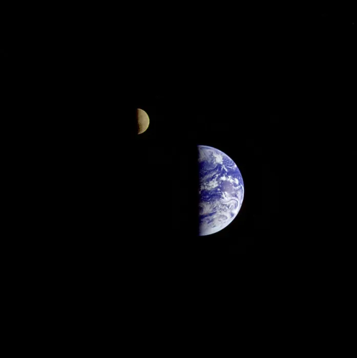 Framed Print : Earth and Moon in a single photographic frame. The images was taken by Voyager 1 when it was 7.25 million miles from Earth. Sept. 18, 1977 Framed Print : Earth and Moon in a single photographic frame. The images was taken by Voyager 1 when it was 7.25 million miles from Earth. Sept. 18, 1977