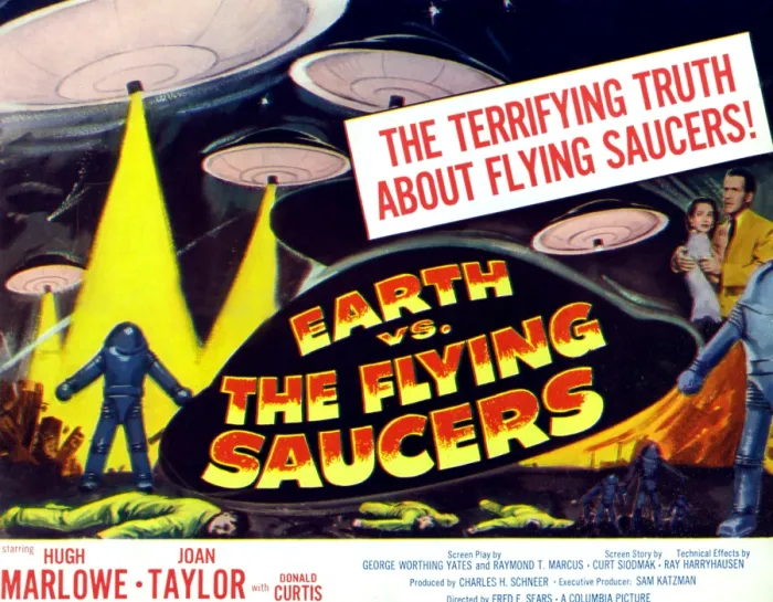 Framed Print : EARTH VS. THE FLYING SAUCERS, far right from left: Joan Taylor, Hugh Marlowe, 1956 Framed Print : EARTH VS. THE FLYING SAUCERS, far right from left: Joan Taylor, Hugh Marlowe, 1956