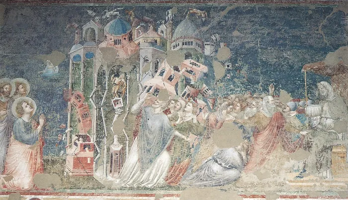 Framed Print : Earthquake in Ephesus, by the Master of the Choir of Saint Augustin, 1318, 14th Century, fresco - Italy, Emilia Romagna, Rimini, church of Saint Augustin. Whole artwork view