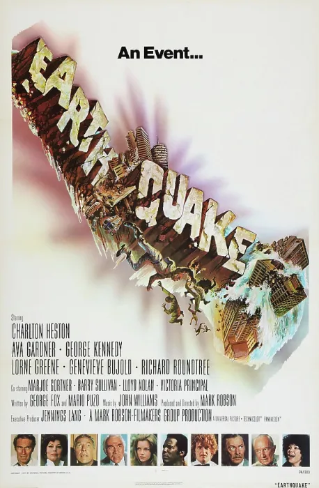 Framed Print : EARTHQUAKE, US poster art, from left: Charlton Heston, Ava Gardner, George Kennedy, Lorne Greene, Genevieve Bujold, Richard Roundtree, Marjoe Gortner, Barry Sullivan, Lloyd Nolan