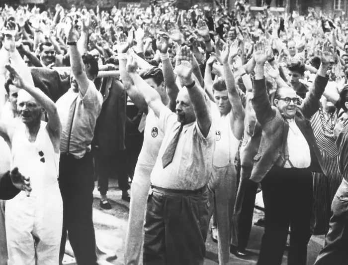 Framed Print : East German Communist President Walter Ulbricht (center, wearing necktie) leading a mass exercise. Aug. 20, 1959